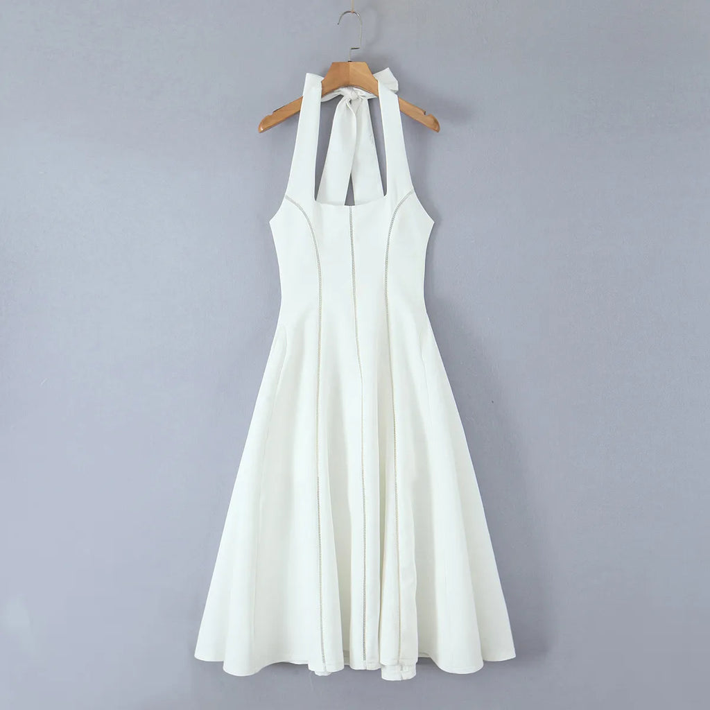 Ivory Sculpted Halter Midi Flare Dress