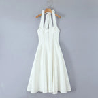 Ivory Sculpted Halter Midi Flare Dress