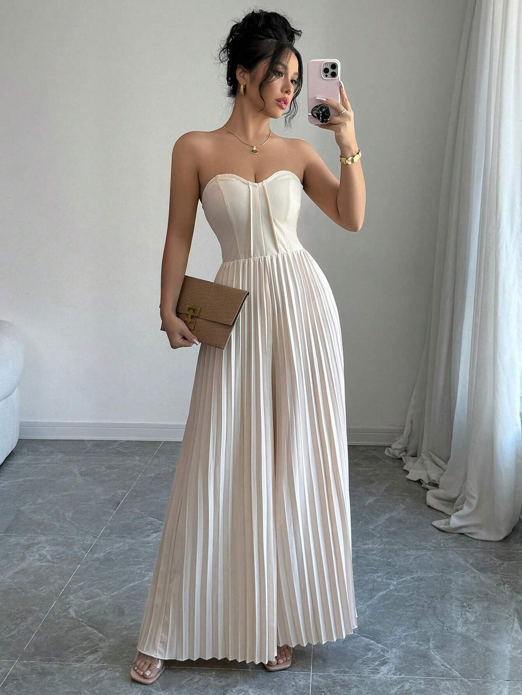 Solid Color Strapless Tube Top Waist-Cinching Dress