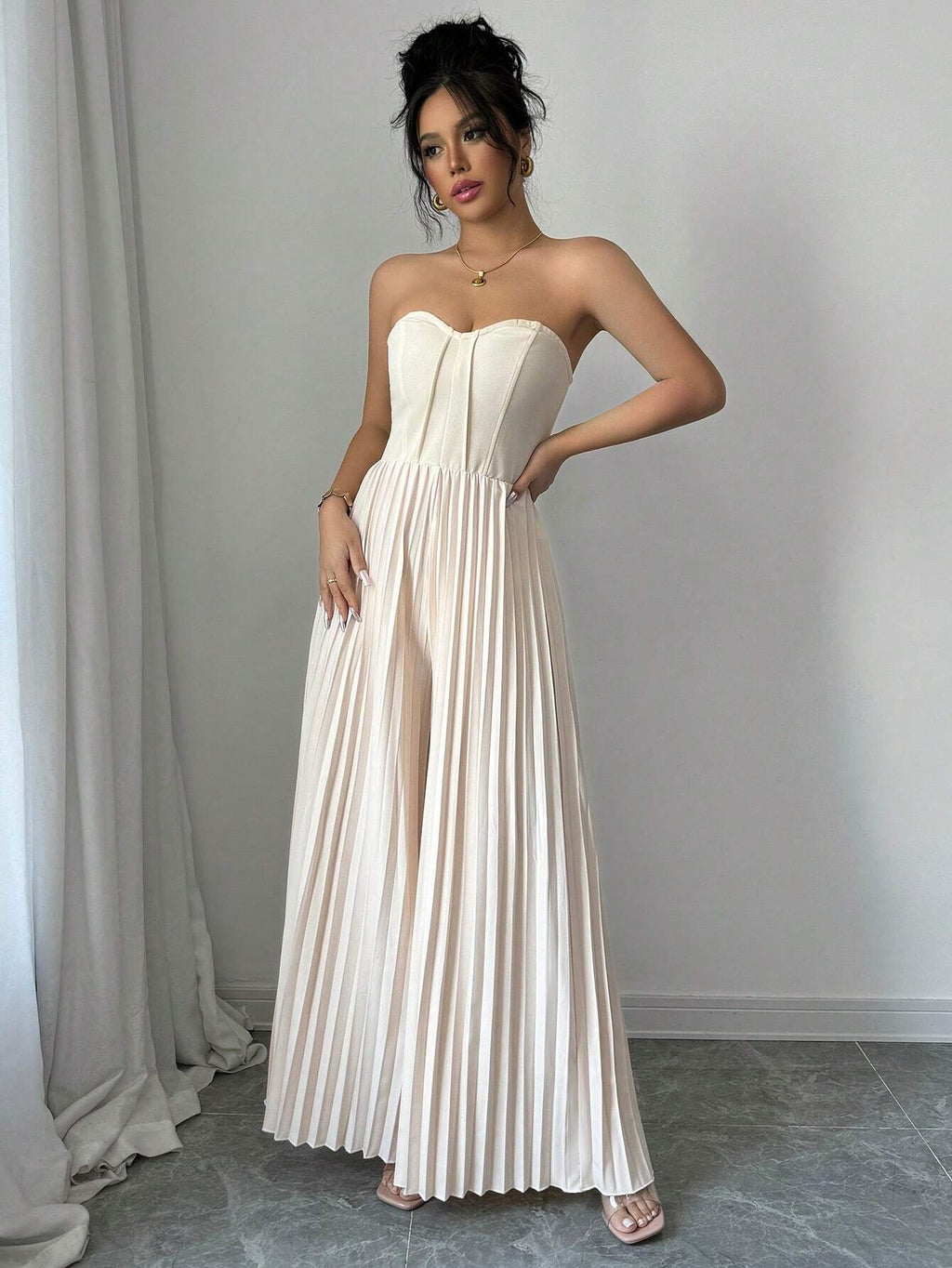 Solid Color Strapless Tube Top Waist-Cinching Dress