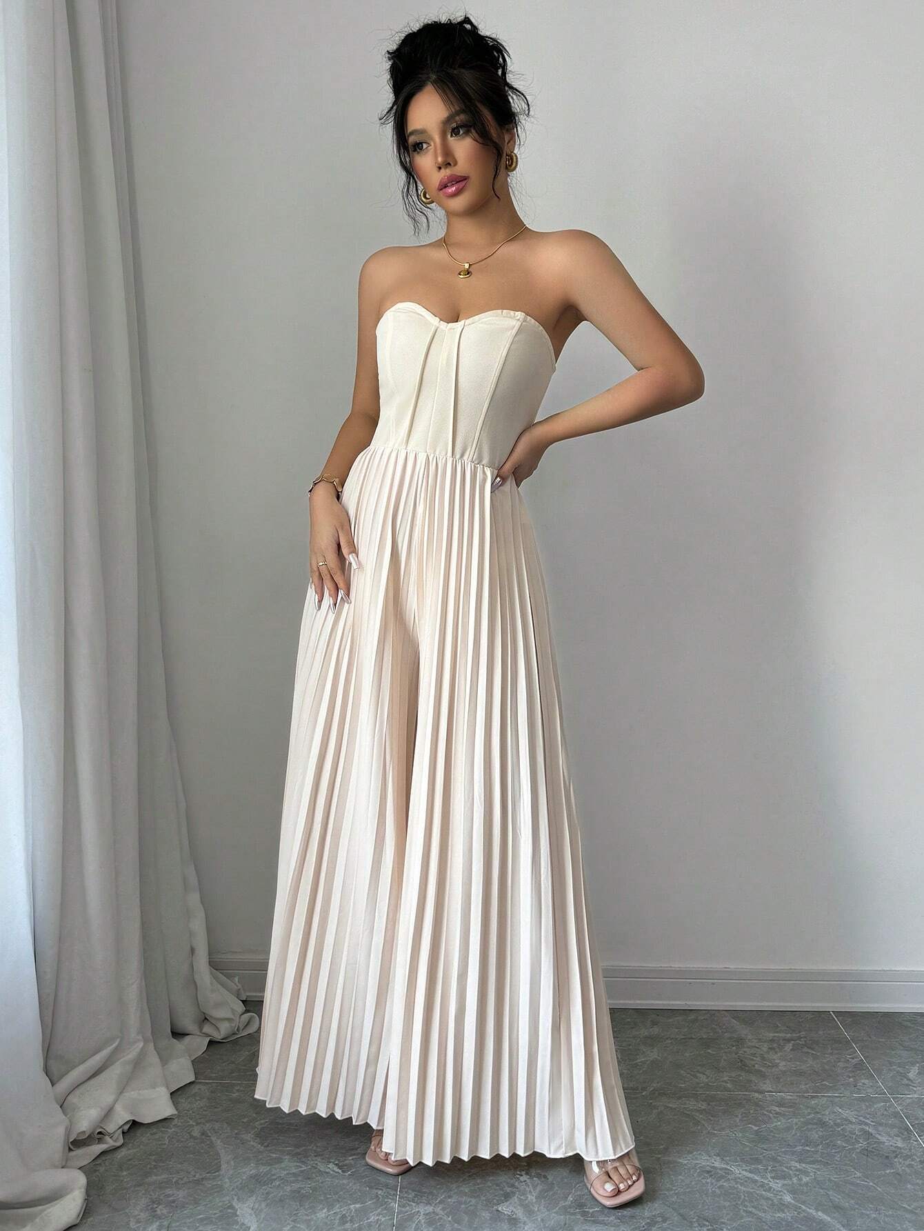 Solid Color Strapless Tube Top Waist-Cinching Dress