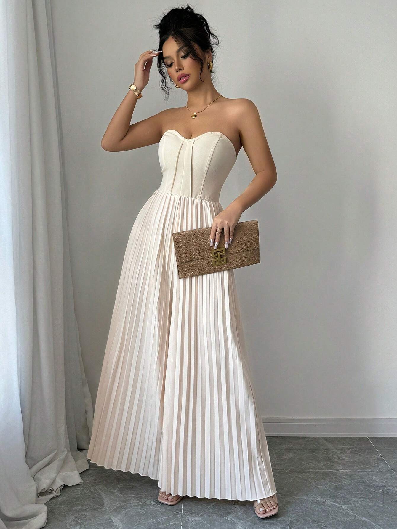 Solid Color Strapless Tube Top Waist-Cinching Dress