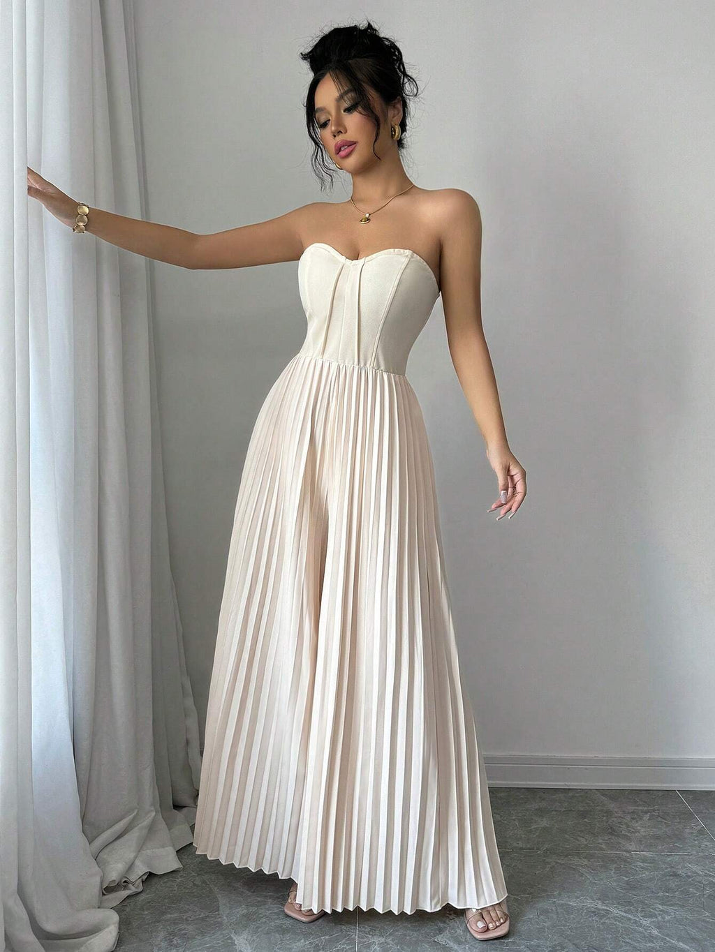 Solid Color Strapless Tube Top Waist-Cinching Dress