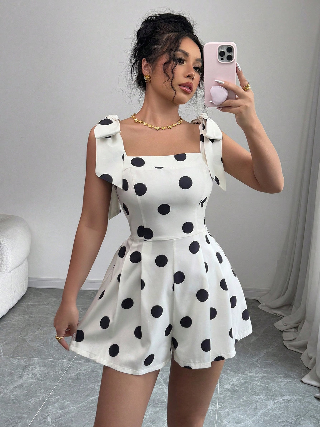 Women's Apricot Polka Dot Lace-Up Casual Unitard