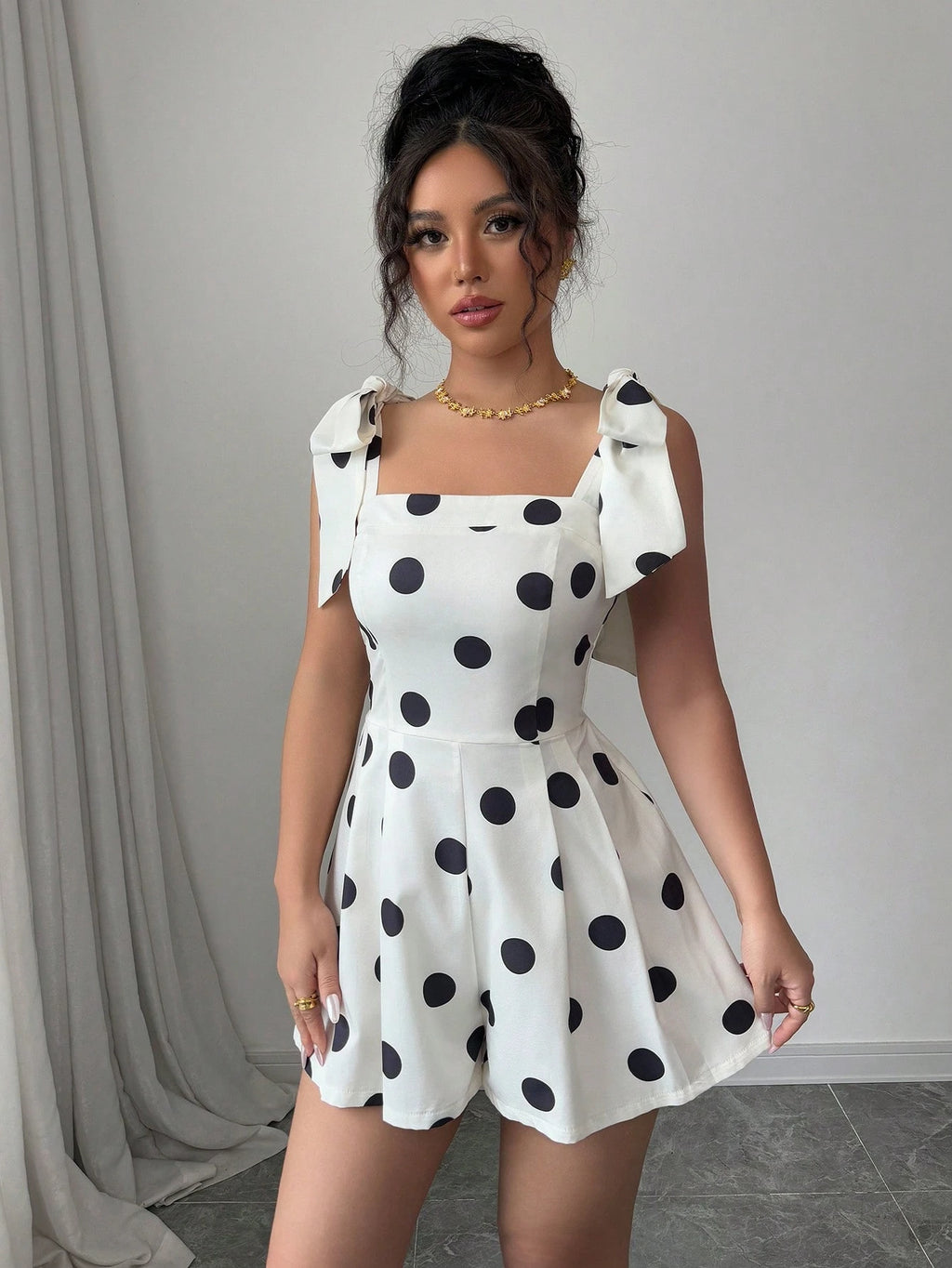 Women's Apricot Polka Dot Lace-Up Casual Unitard