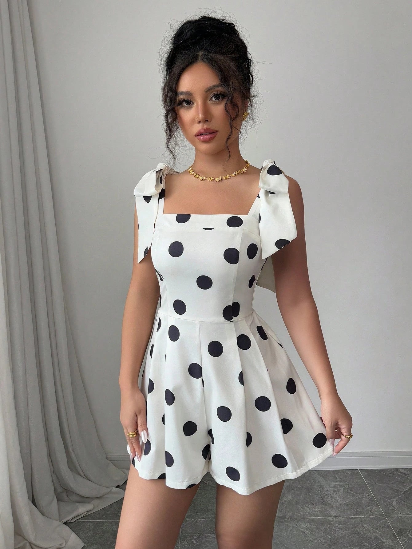 Women's Apricot Polka Dot Lace-Up Casual Unitard