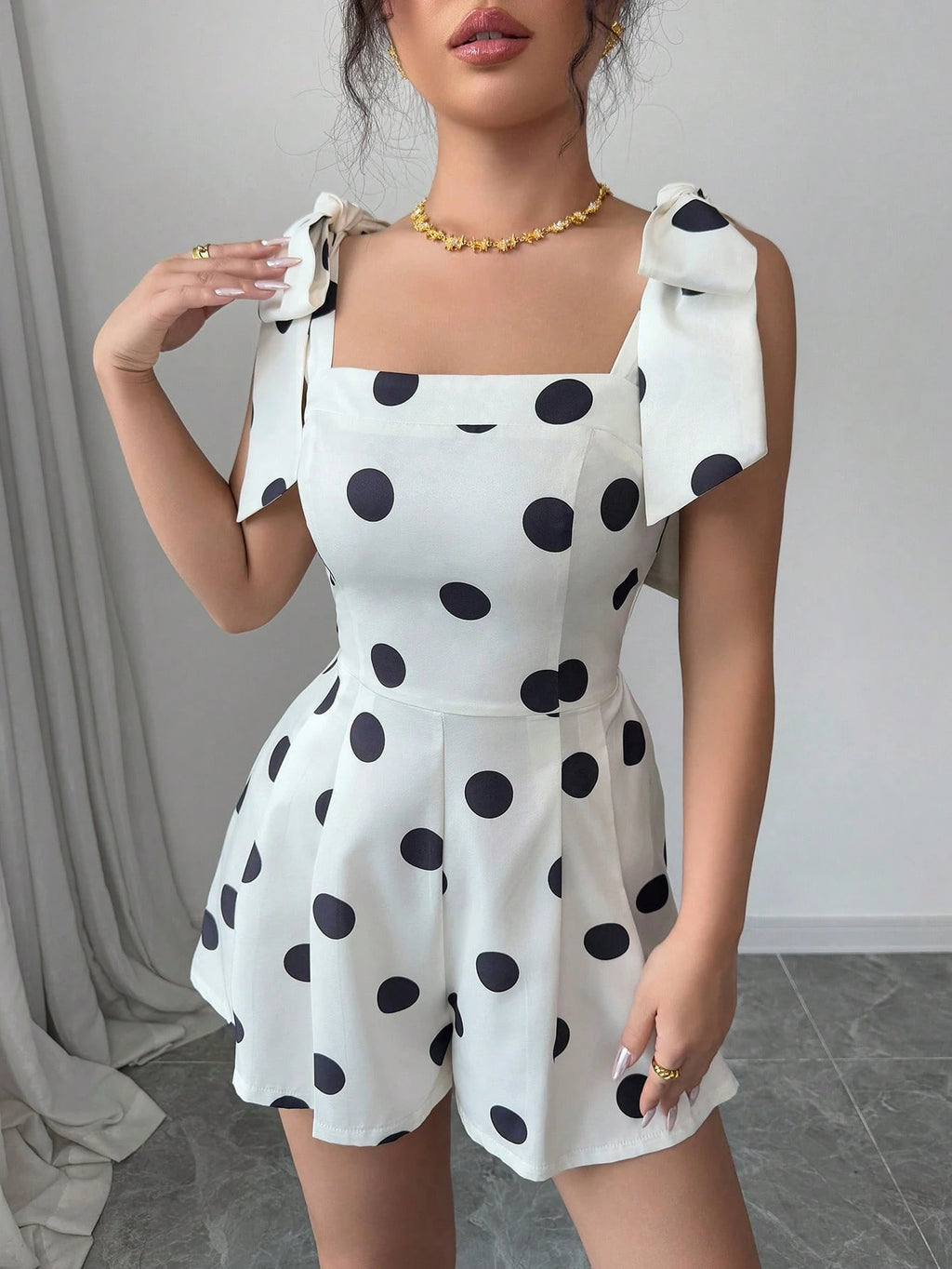 Women's Apricot Polka Dot Lace-Up Casual Unitard