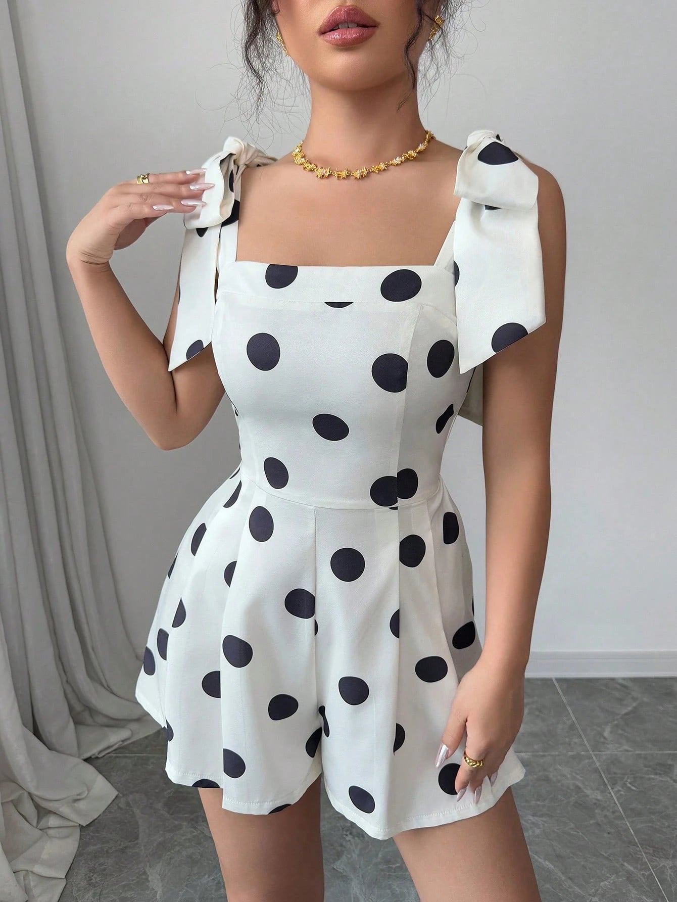 Women's Apricot Polka Dot Lace-Up Casual Unitard