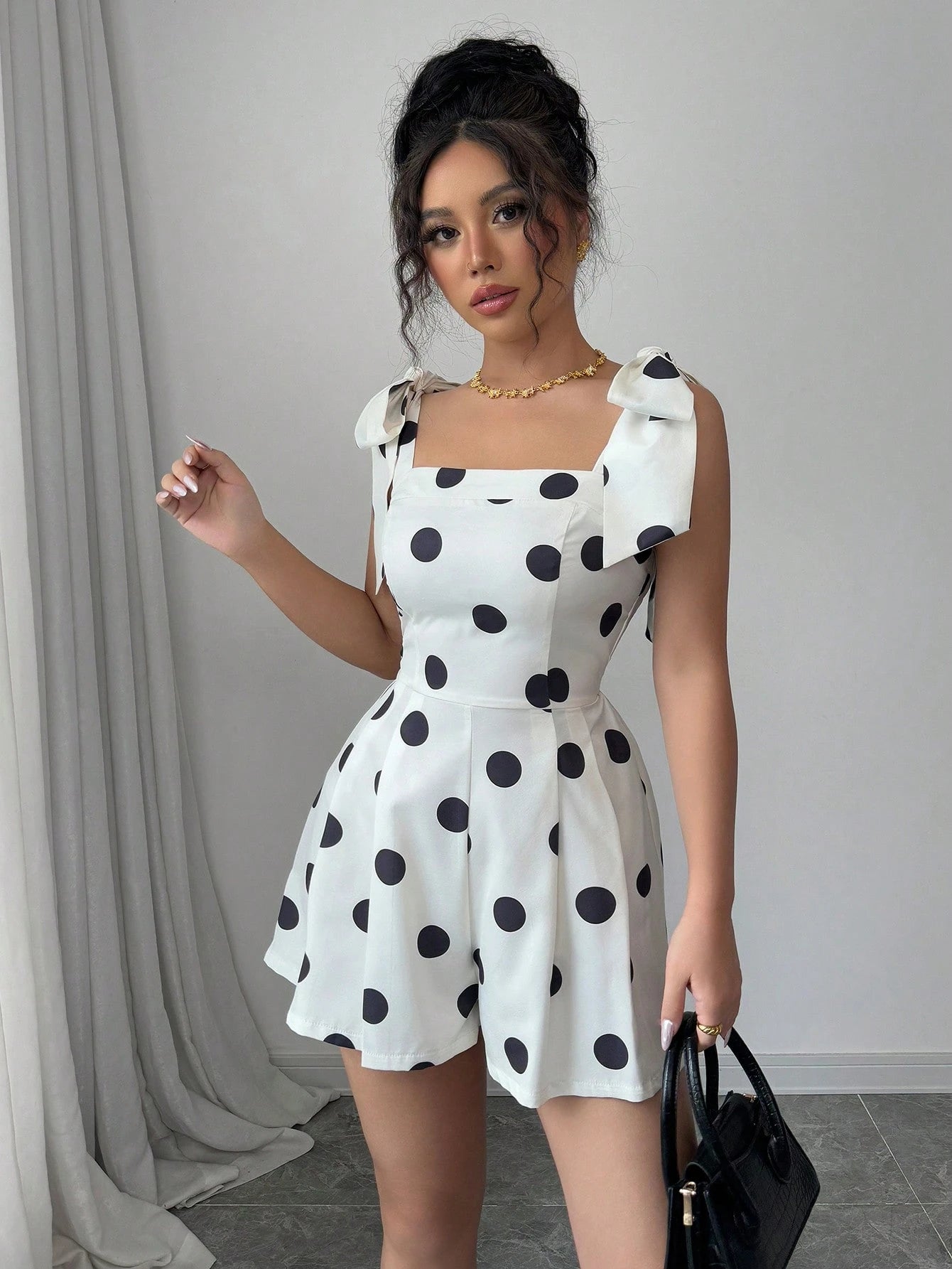 Women's Apricot Polka Dot Lace-Up Casual Unitard