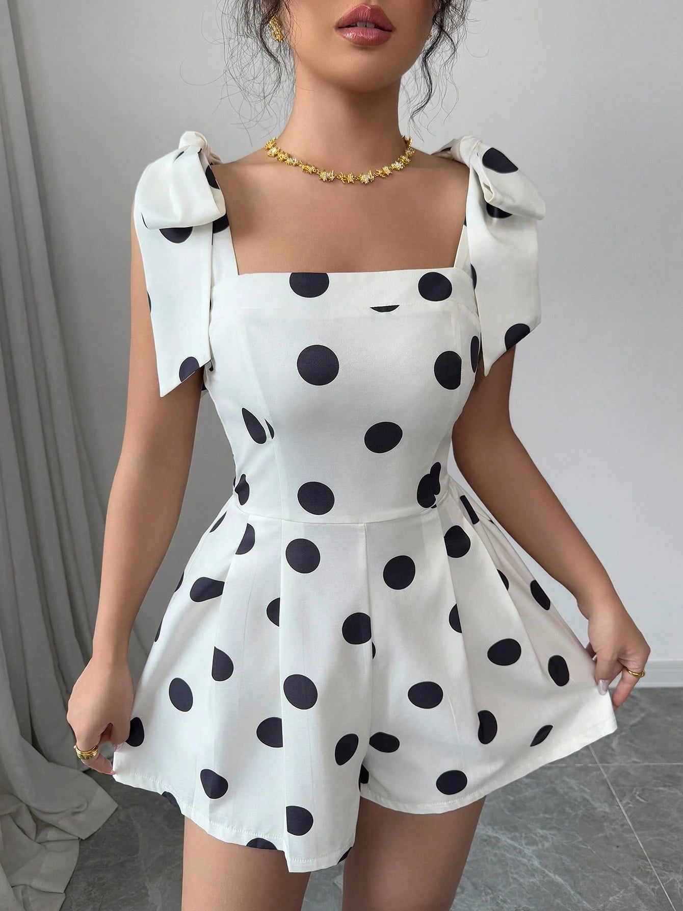 Women's Apricot Polka Dot Lace-Up Casual Unitard