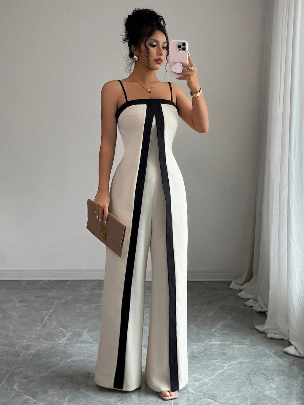 Strap Waist-Cinching Colorblock Dress & Pants Set