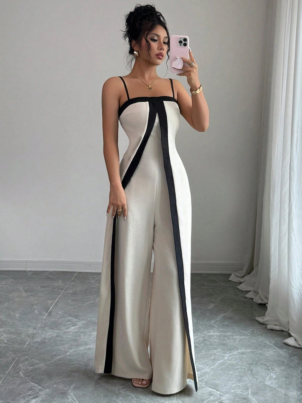 Strap Waist-Cinching Colorblock Dress & Pants Set