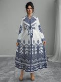 Elegant V-Neck Women's Printed Long Sleeve Tie Waist Dress