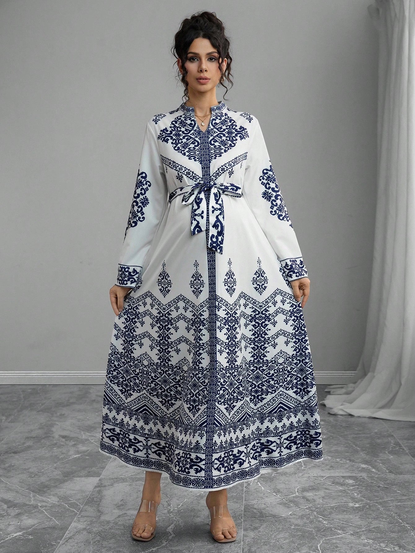Elegant V-Neck Women's Printed Long Sleeve Tie Waist Dress