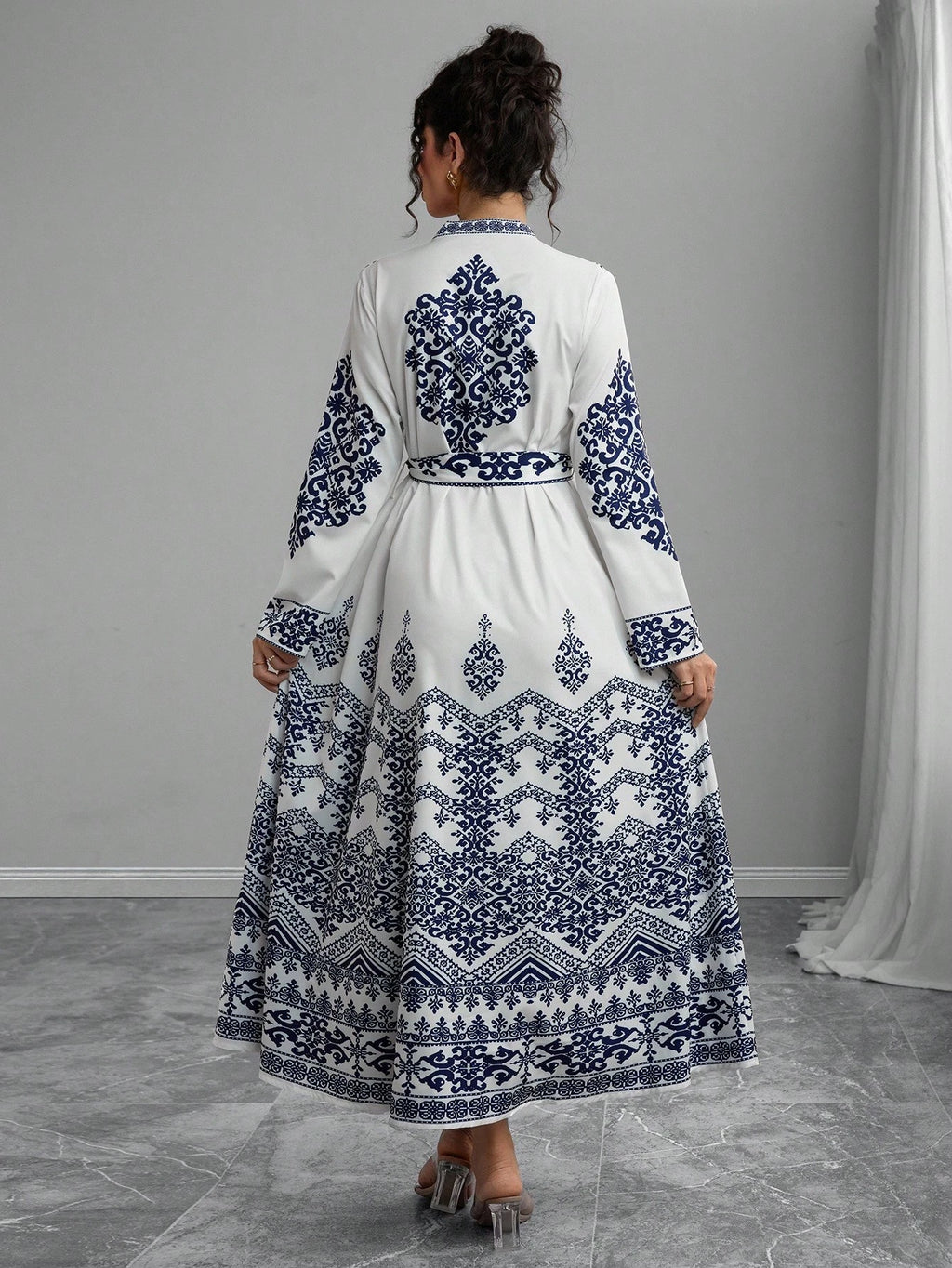 Elegant V-Neck Women's Printed Long Sleeve Tie Waist Dress