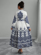 Elegant V-Neck Women's Printed Long Sleeve Tie Waist Dress