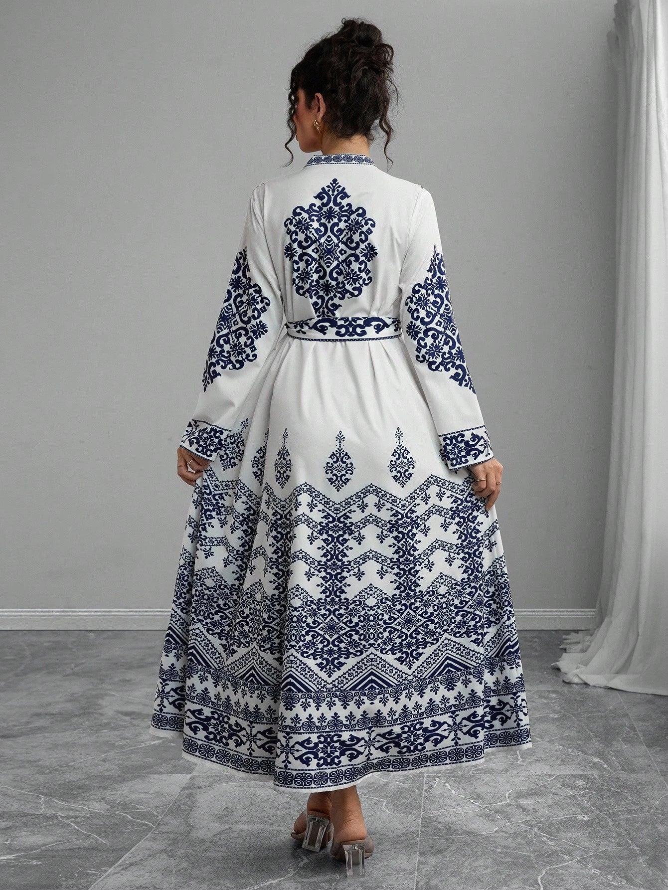 Elegant V-Neck Women's Printed Long Sleeve Tie Waist Dress