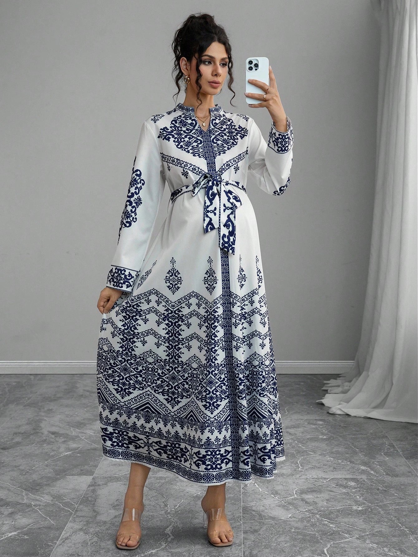 Elegant V-Neck Women's Printed Long Sleeve Tie Waist Dress