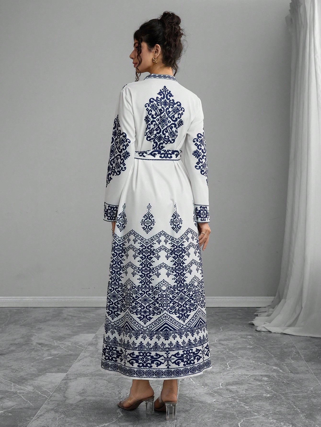 Elegant V-Neck Women's Printed Long Sleeve Tie Waist Dress