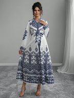 Elegant V-Neck Women's Printed Long Sleeve Tie Waist Dress