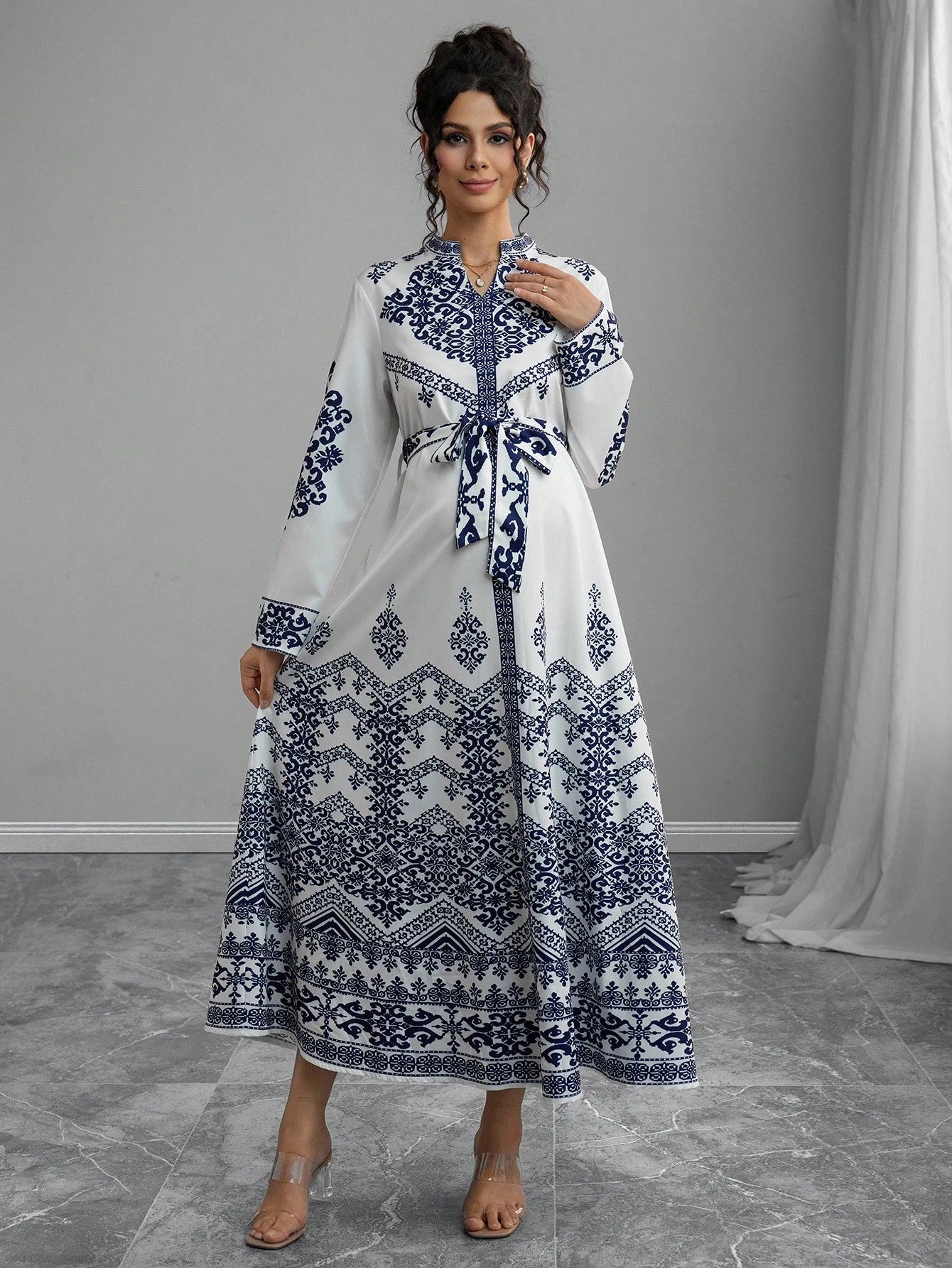 Elegant V-Neck Women's Printed Long Sleeve Tie Waist Dress