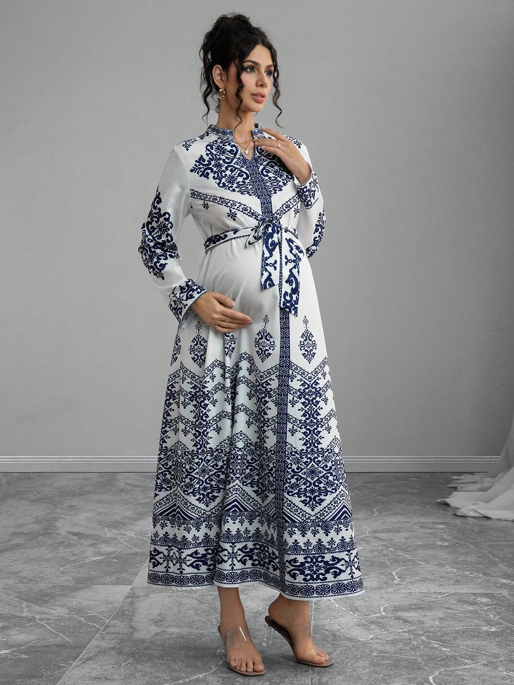 Elegant V-Neck Women's Printed Long Sleeve Tie Waist Dress