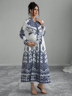 Elegant V-Neck Women's Printed Long Sleeve Tie Waist Dress