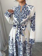 Elegant V-Neck Women's Printed Long Sleeve Tie Waist Dress