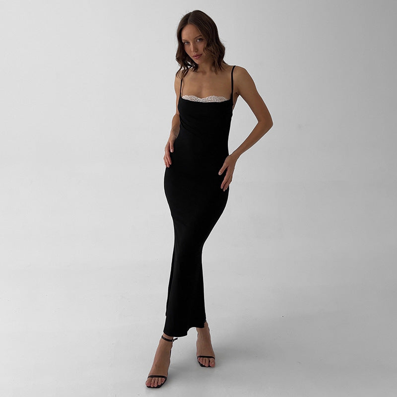 Flore Black Crystal Straps Backless Gown