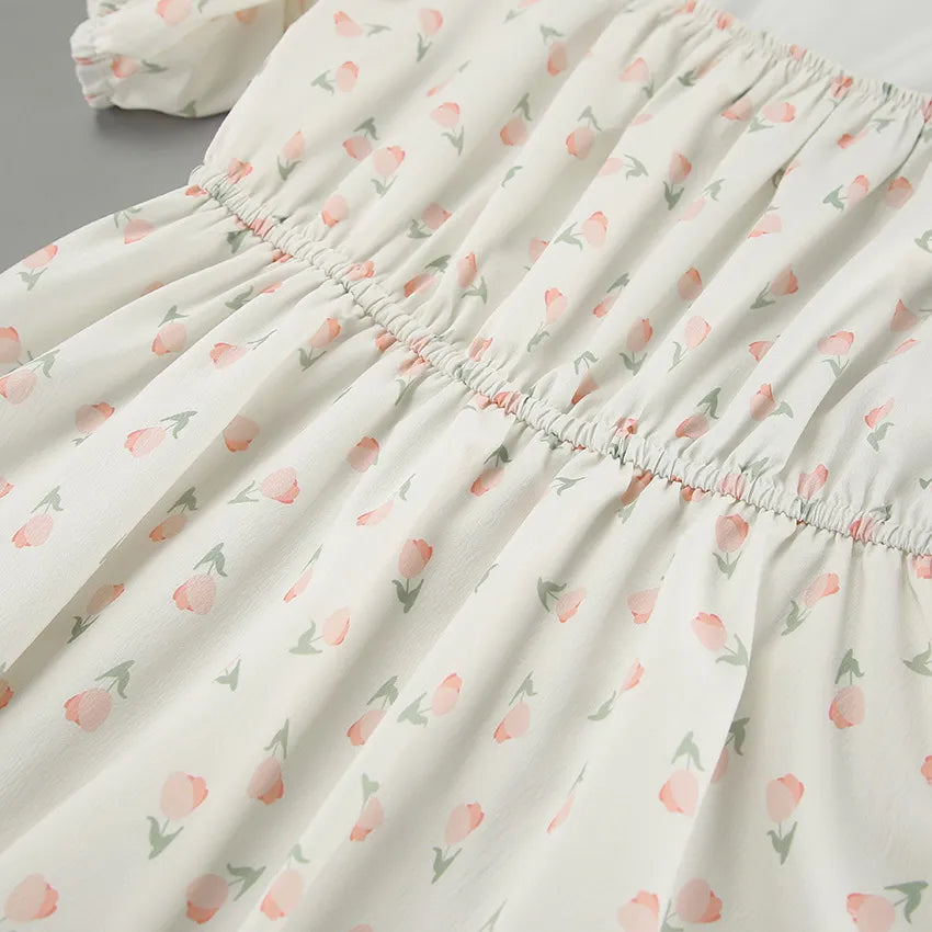 French Elegant Floral Puff Sleeve Dress