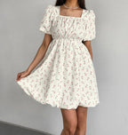 French Elegant Floral Puff Sleeve Dress
