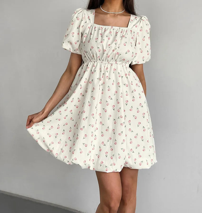 French Elegant Floral Puff Sleeve Dress