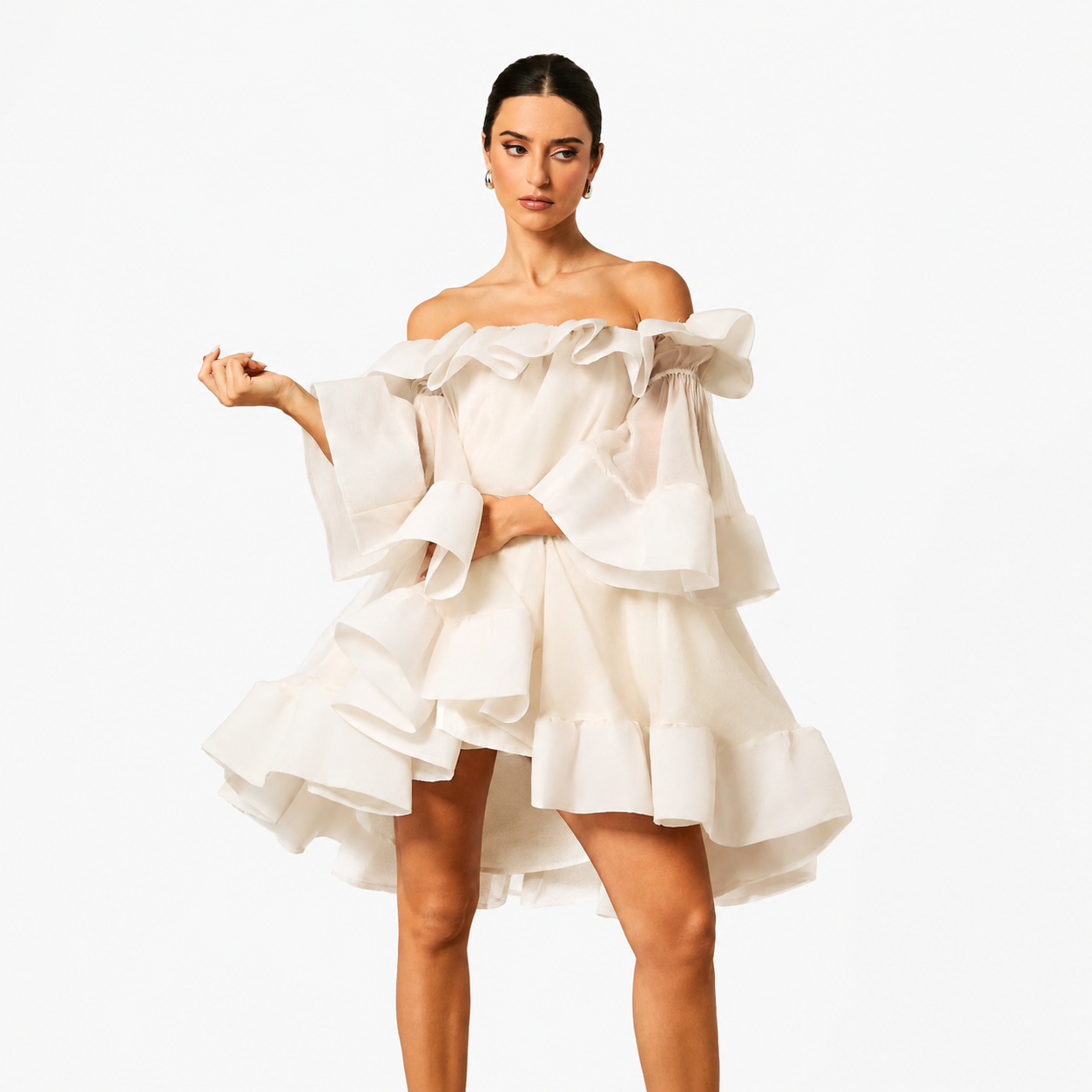 Ivory Ruffle Off-Shoulder Mini Dress