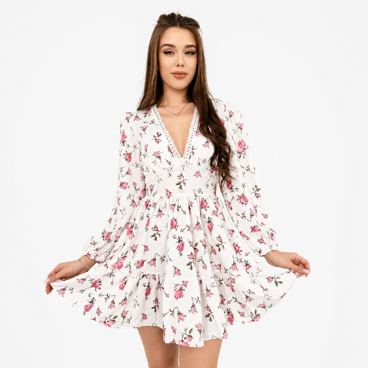 Printed V-neck Lace Short Dress