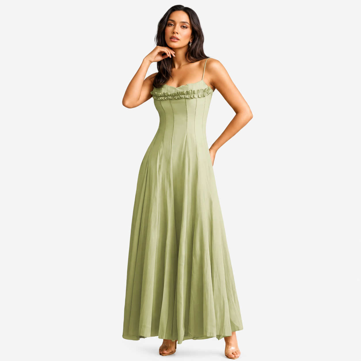 Elegant Sage Green Chiffon Maxi Dress