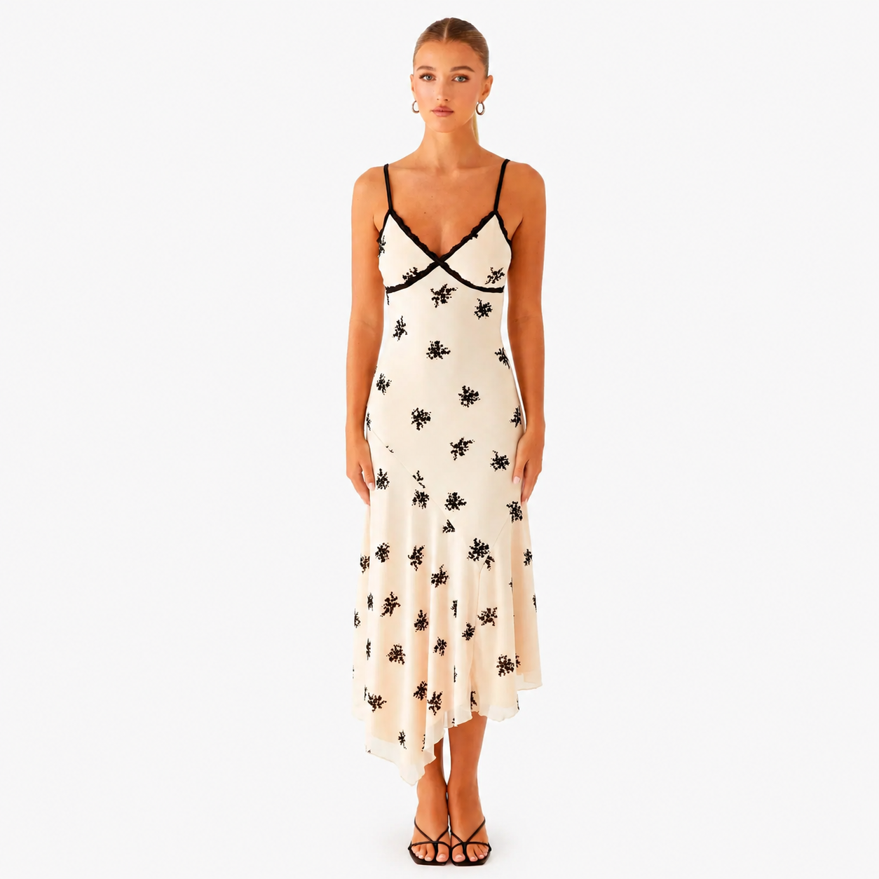 Midnight Blossom Cream Silk Slip Dress