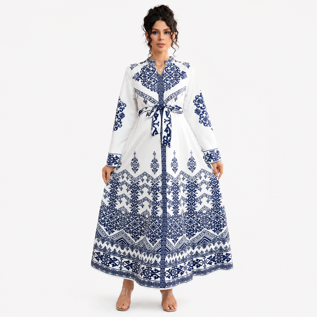 Elegant V-Neck Women's Printed Long Sleeve Tie Waist Dress