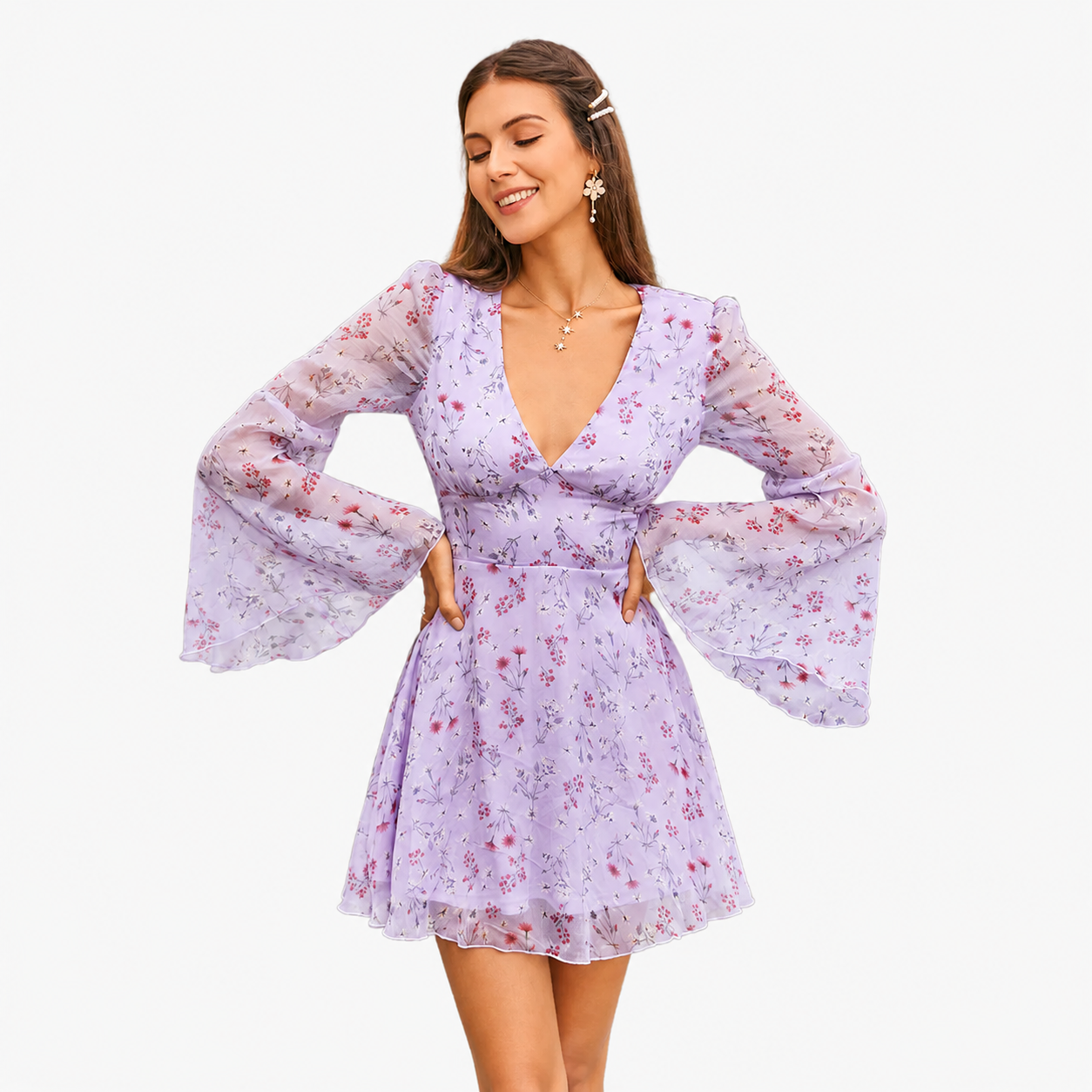 Women's Fashion Temperament V-neck Flared Sleeve Dress