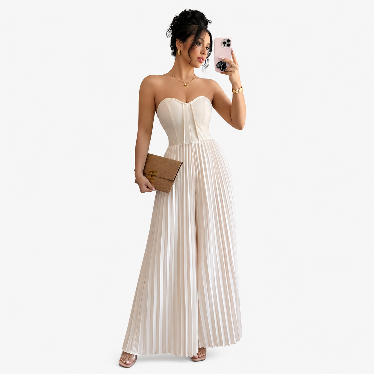 Solid Color Strapless Tube Top Waist-Cinching Dress
