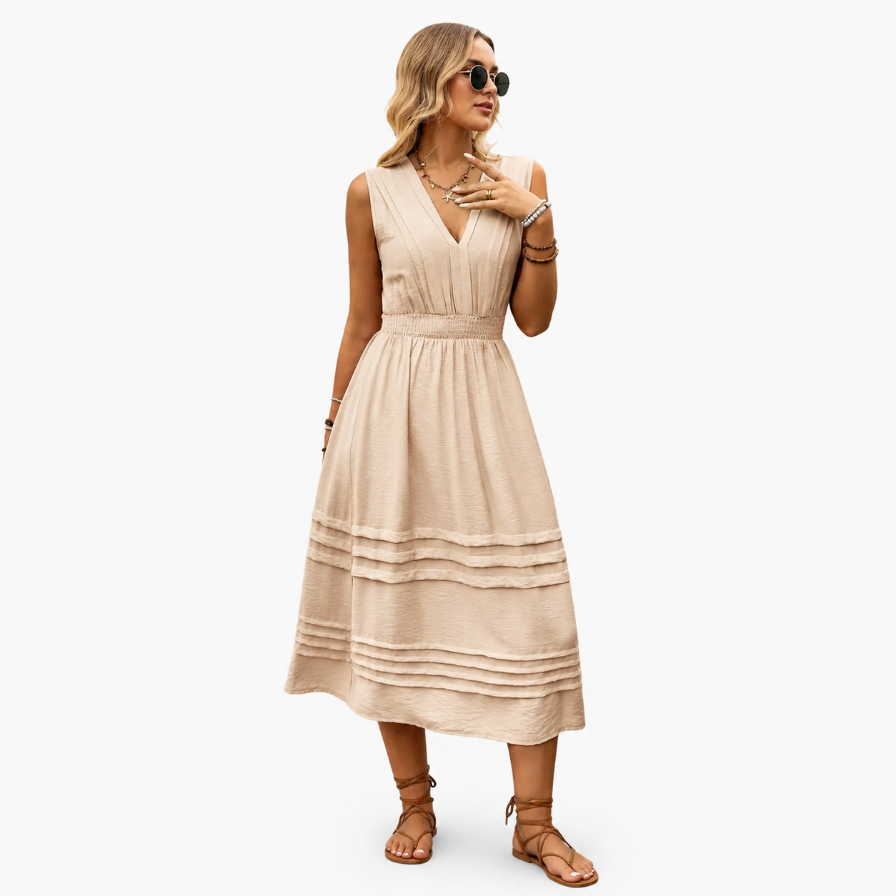 V-Neck Sleeveless Midi Dress