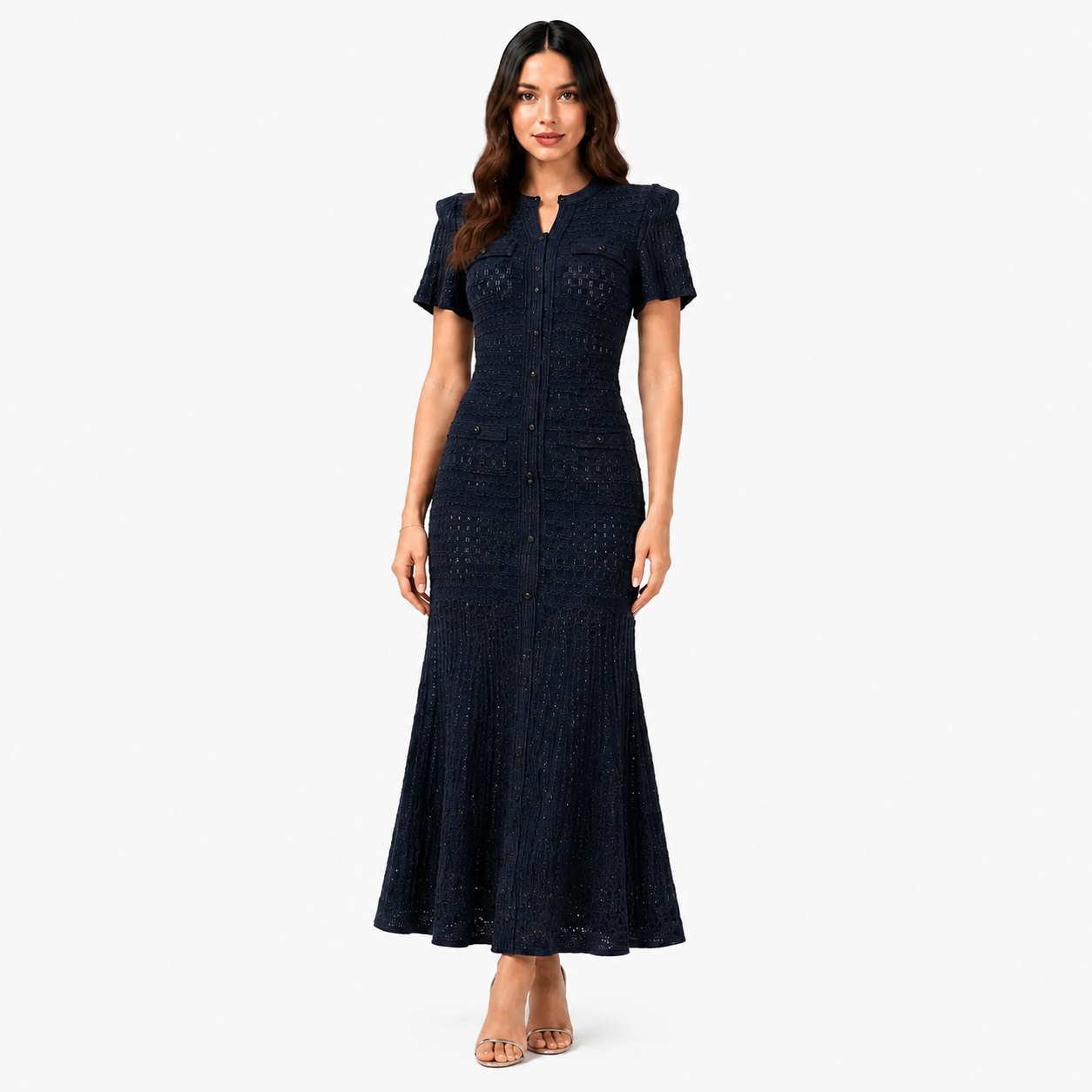 Hot-Stone Embellished Puff Sleeve Slim Dress