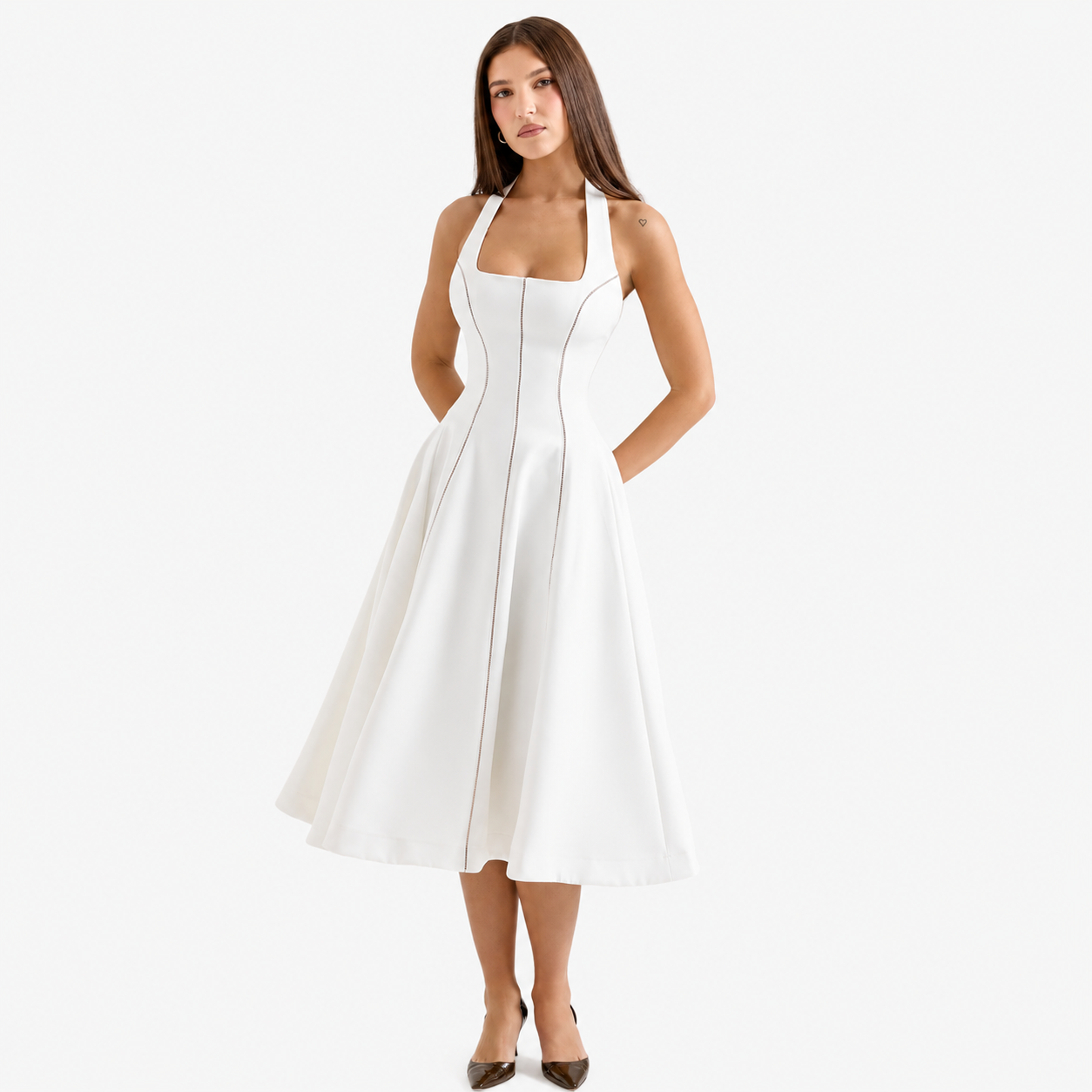 Ivory Sculpted Halter Midi Flare Dress