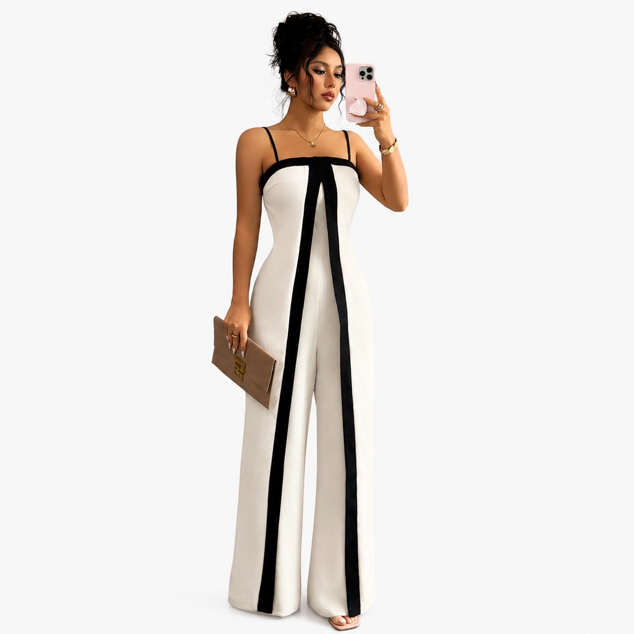 Strap Waist-Cinching Colorblock Dress & Pants Set