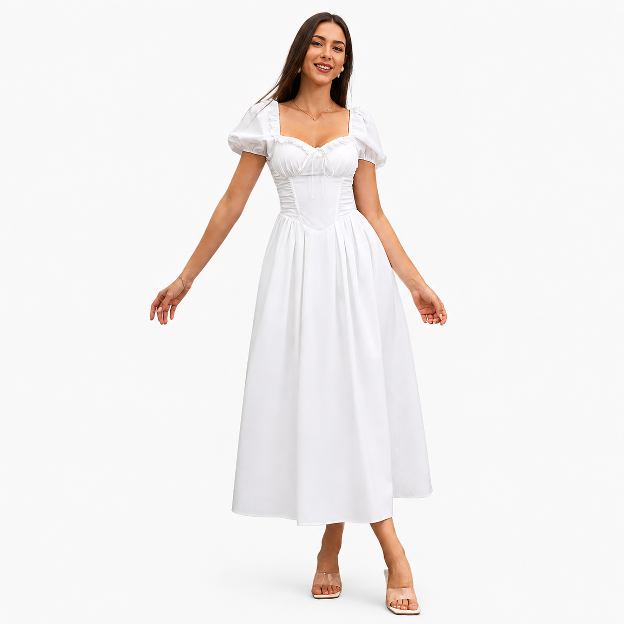 Sweetheart Neck Puff Sleeve Midi Dress