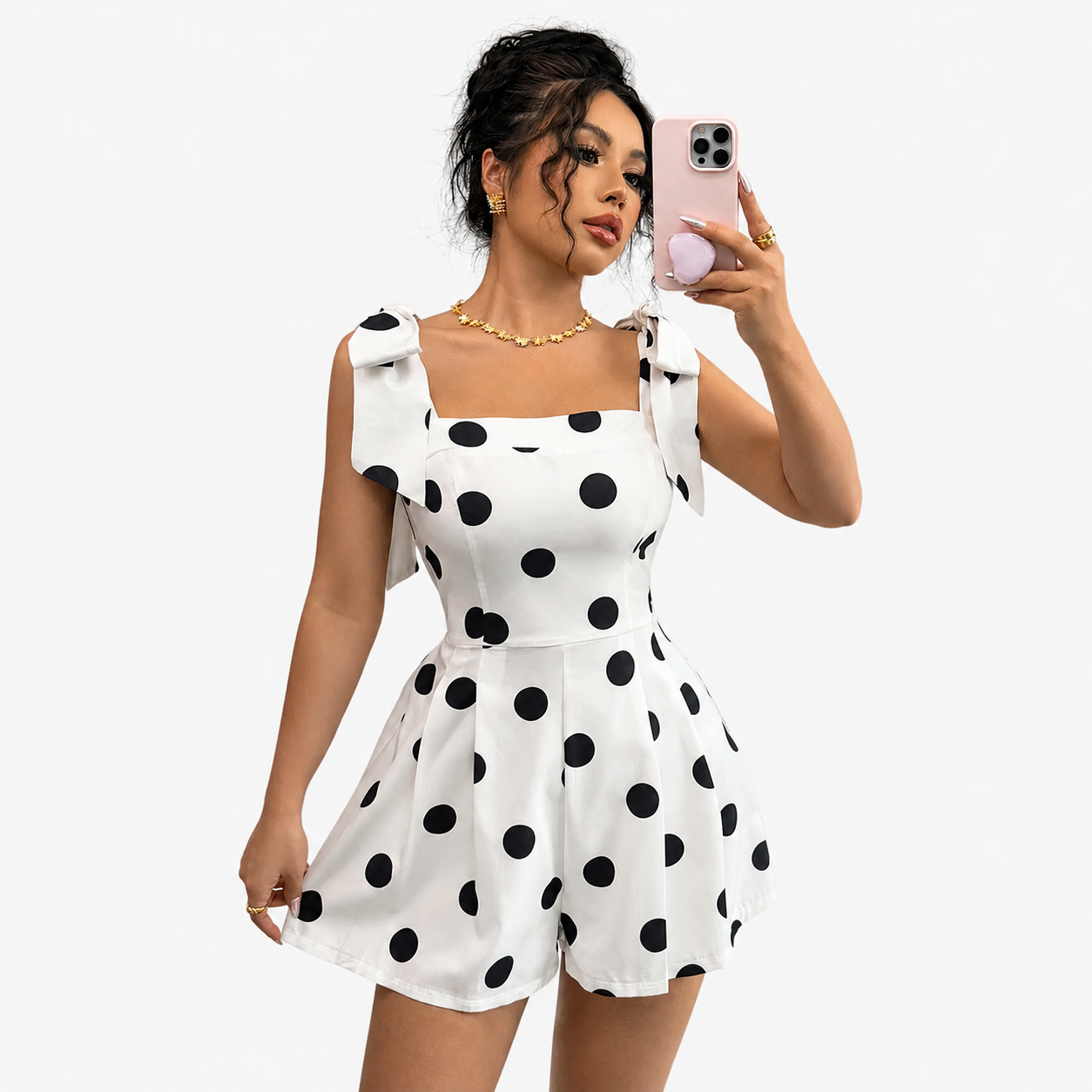 Women's Apricot Polka Dot Lace-Up Casual Unitard