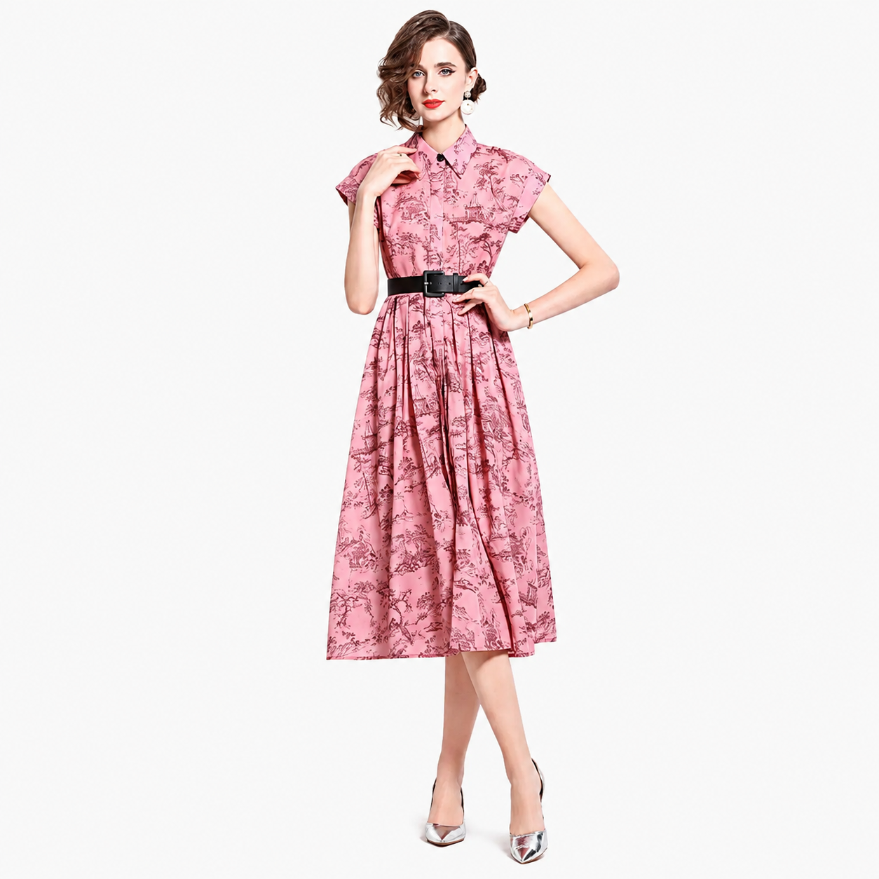 Women's Polo Collar Shirt Printed Short Sleeve Dress