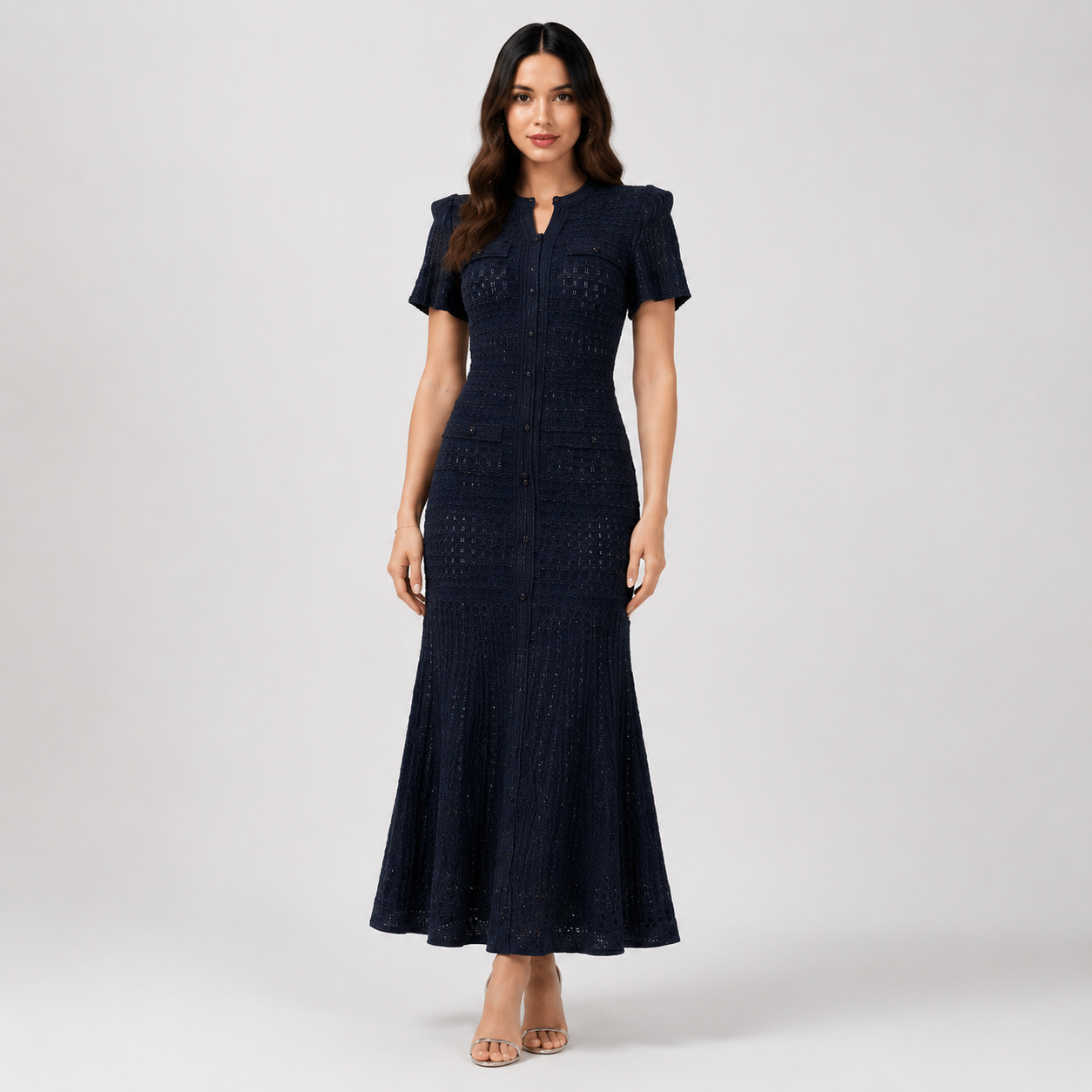 Hot-Stone Embellished Puff Sleeve Slim Dress