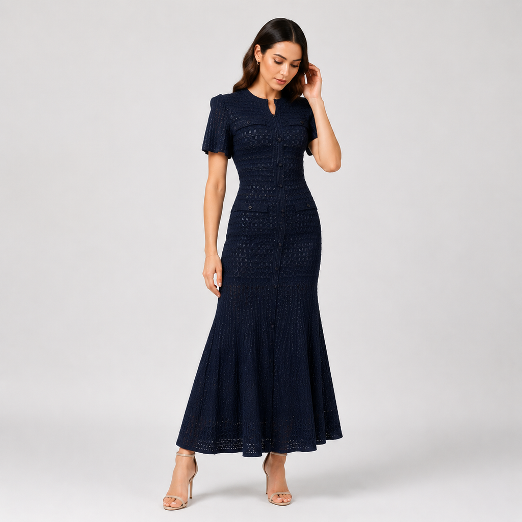 Hot-Stone Embellished Puff Sleeve Slim Dress