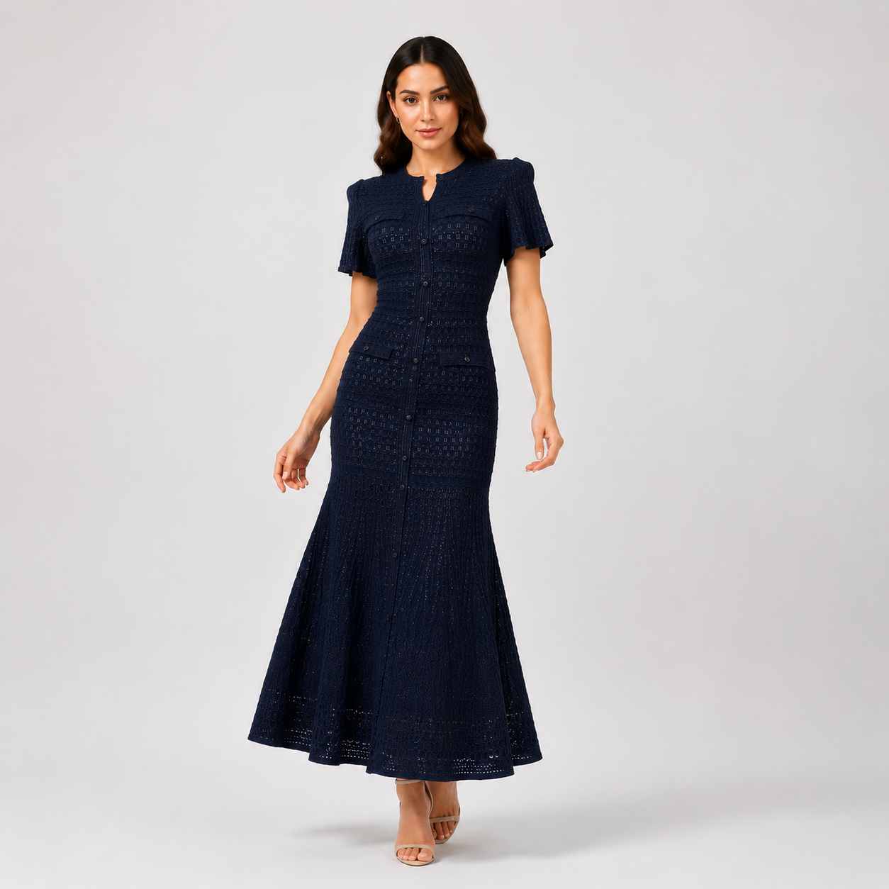 Hot-Stone Embellished Puff Sleeve Slim Dress