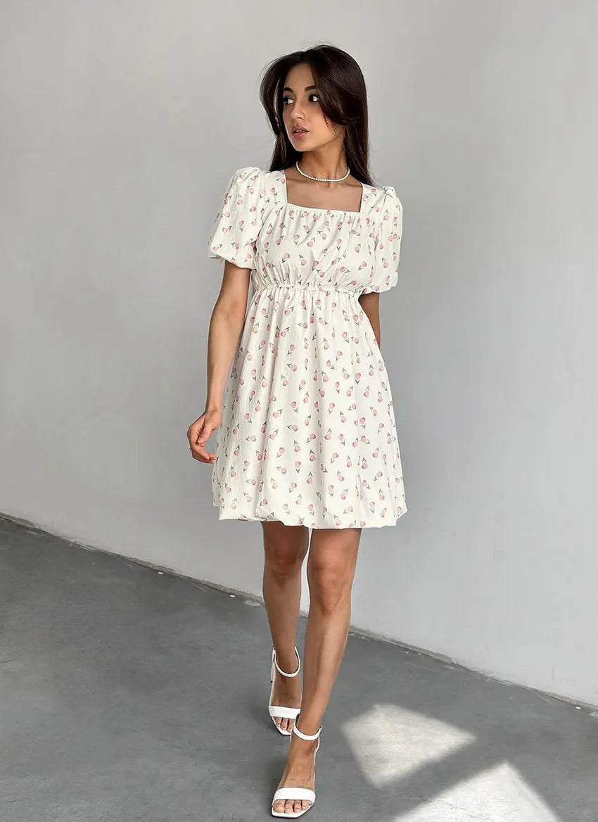 French Elegant Floral Puff Sleeve Dress